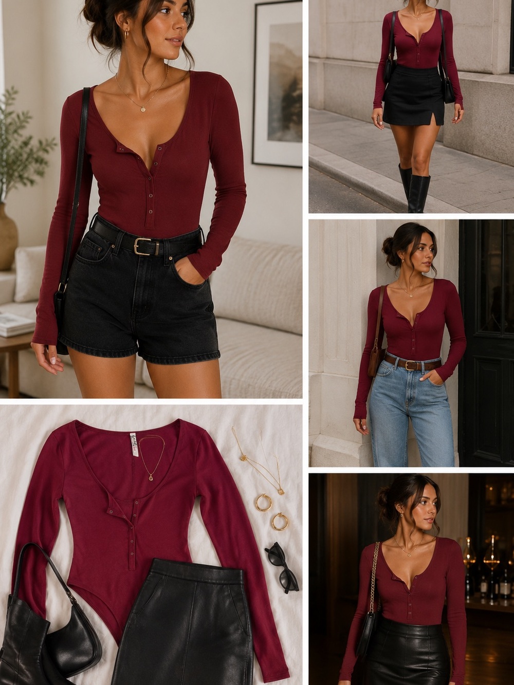 Free People Intimately Long Sleeve Henley Bodysuit | Burgundy | Women’s M